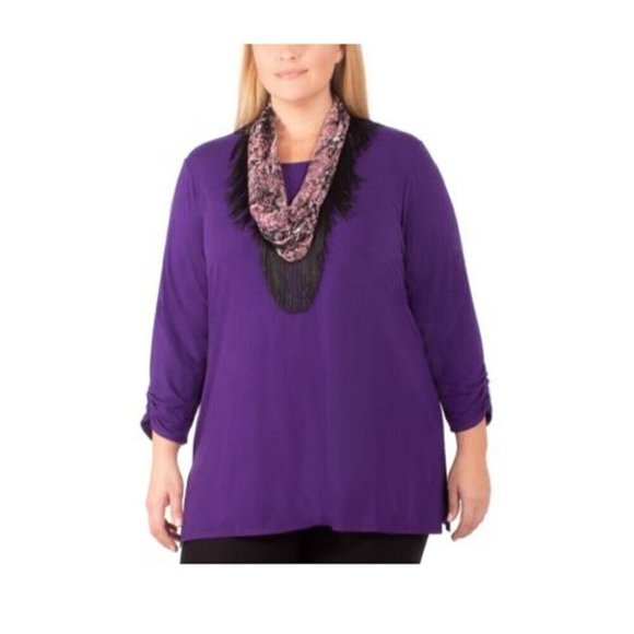 NY Collection Tops - NY Collection Womens Plus 1X Dark Purple 3/4 Sleeve Scarf Tunic Top NWT BL11